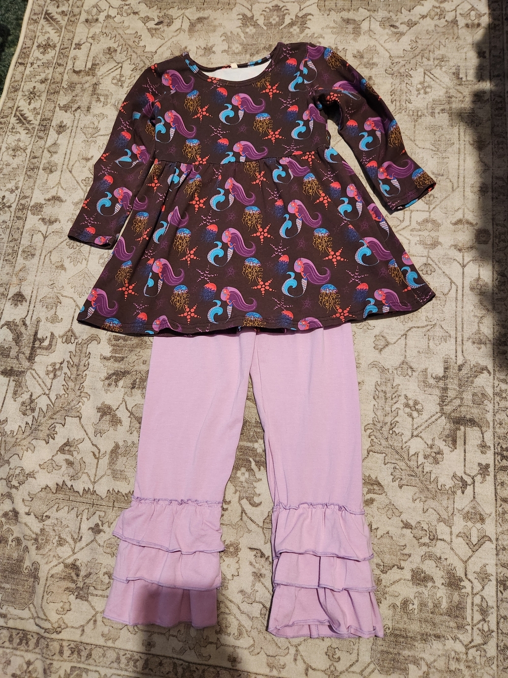 Girls Lavender Ruffle Leggings and Dark Mermaid-Print Top Matching Set